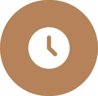 A clock is shown in the middle of a brown circle.