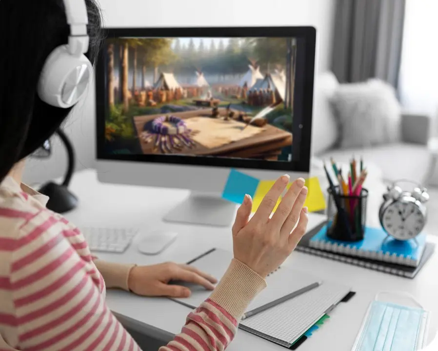 A person sitting at a desk with headphones on and a computer.